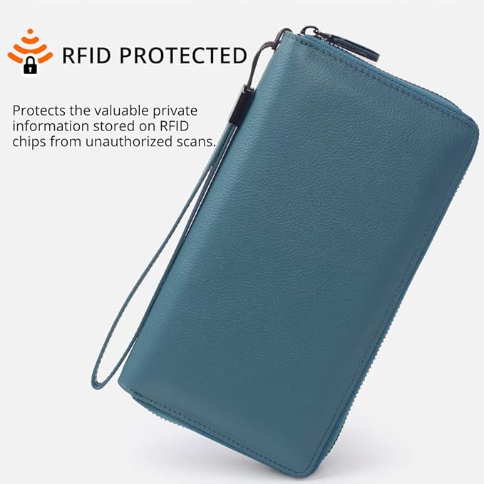 Bveyzi Women RFID Blocking Wallet Leather Zip Around Phone Clutch Large Capacity Ladies Travel Purse Wristlet | RFID Blocking, Zip Around, Large Capacity