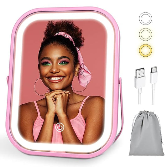 YEKKOPT Lighted Vanity Mirror, Rechargeable Travel Makeup Mirror with Lights, 8''x6'' Desk Mirror with Lights,Make up Mirror with Lighting for Makeup Desk ＆ Dressing Room