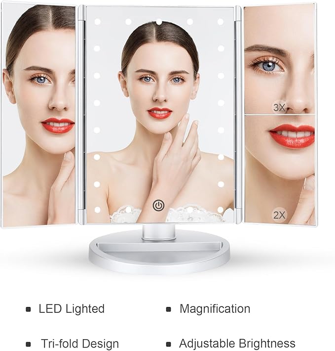 deweisn Dresser Mount Tri-Fold Lighted Vanity Mirror with 21 LED Lights, Touch Screen and 3X/2X/1X Magnification, Two Power Supply Modes Make Up Mirror,Travel Mirror