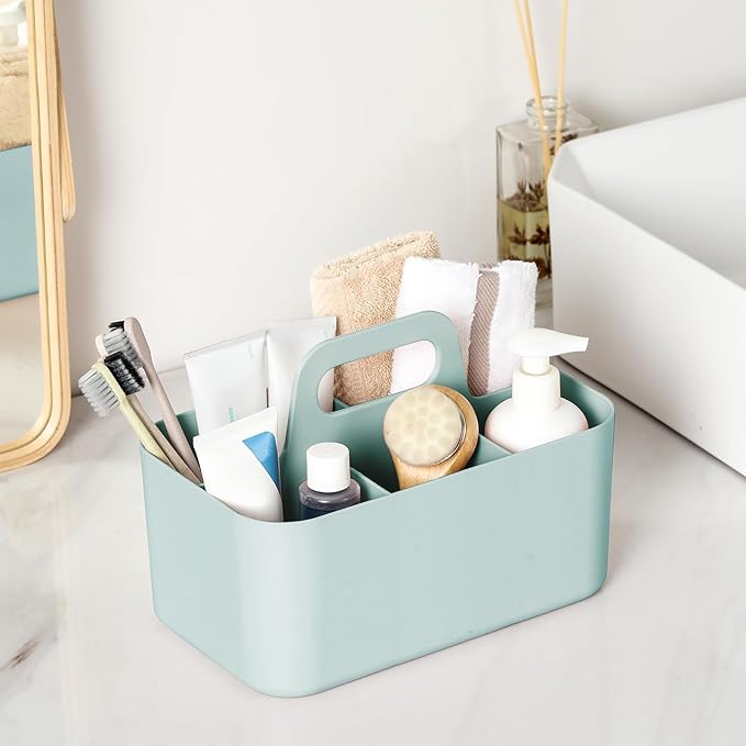 Multiuse Caddy Organizer with Handle, Portable Divided Plastic Tote Bin - Art Craft, Stationary Pen Marker Crayons, Makeup Hair Supplies Storage - Bathroom, Classroom, Dorm, Office, Desk Holder - Mint