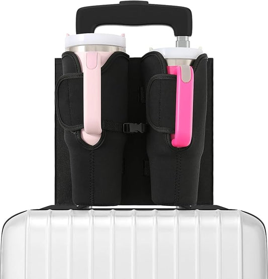 Luggage Cup Holder for Suitcases, Compatible with 30-40 Oz Stanley Tumblers, Foldable Luggage Cup Holder with Phone & Ticket Pocket, Waterproof Hands-Free Travel Accessory (Black)