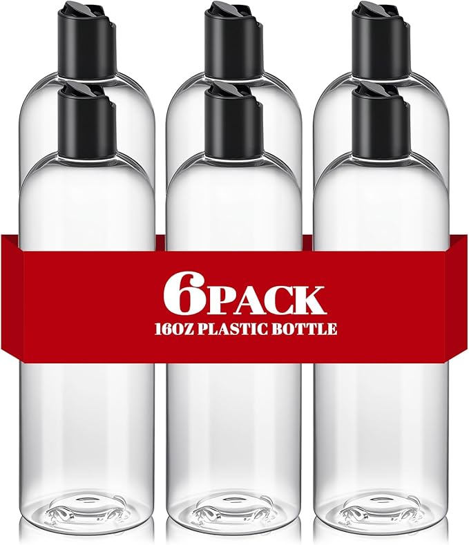 6 Pcs 16 oz Clear Plastic Empty Bottles with Black Disc Top Caps, Squeezable Refillable Shampoo Bottles Travel Cosmetic Containers for Lotions, Body Soap Cream