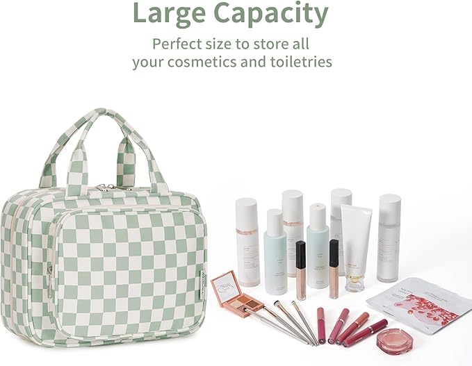 Narwey Hanging Toiletry Bag for Women Travel Checkered Makeup Bag Organizer Toiletries Bag for Travel Size Essentials, Accessories, Brushes, Cosmetics (Green Checkerboard (Medium))
