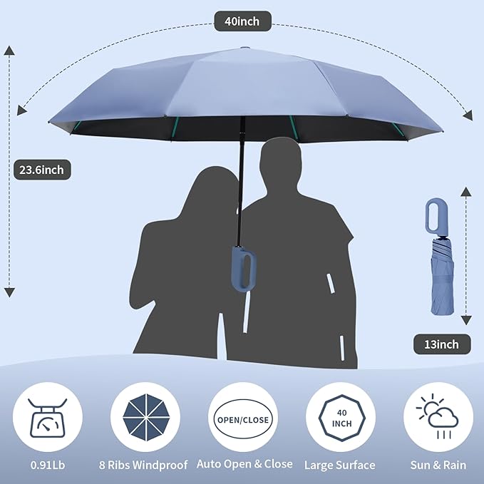 Compact Automatic Folding Travel Umbrella-Windproof Rainproof, PF50+ Sun Protection for Hiking,Outdoor,Chool,Golf Course & Daily Use,Sturdy Multi-Ribbed Frame