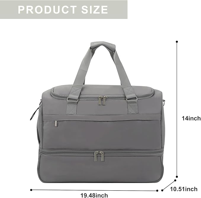 Carry On Travel Duffel Bag for Women & Men,Overnight Weekender Bag with Shoe Compartment,Trolley Sleeve and Adjustable Shoulder Strap,Business & Weekend Travel,Gym,Sports,Yoga & Dance(Medium Gray)