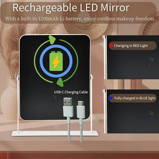 14" X12" LED Vanity Mirror with Lights, 3-Color Dimmable Touch Control, Large Lighted Makeup Mirror, USB-Rechargeable Cordless Design, Sturdy Metal Frame, Oversized Tabletop Mirror, Gift-Ready