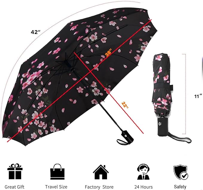 SIEPASA Sakura Windproof Travel Compact Umbrella - Automatic Umbrellas for Rain, Fiberglass Frame, Plastic Handle, Half Round Shape, Portable, Small, Lightweight, Ideal for Men and Women