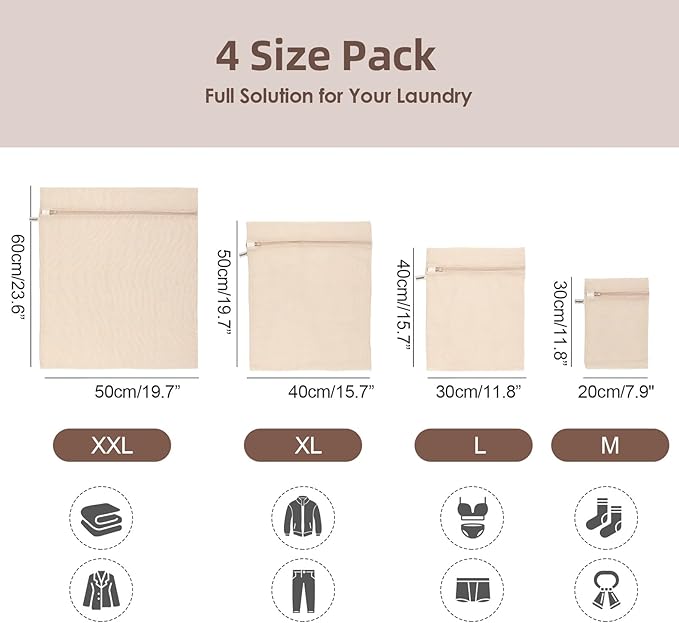 100% Cotton Mesh Laundry Bags, Premium Soft, No Dye, Set of 4, Natural