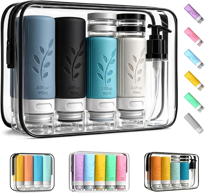 unigo 30 PACK Travel Bottles Set for Toiletries - Leakproof Refillable Travel Size Containers, TSA Approved Bottles with Labels, Brush & Covers for Carry-On Travel