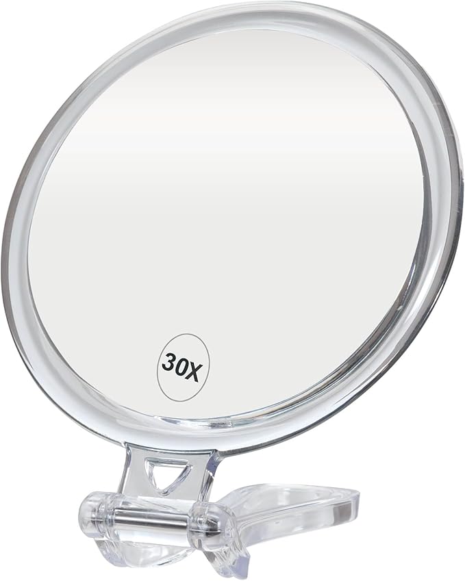 ForPro Professional Collection Expert 30X Magnifying Handheld Mirror, Double-Sided Hand Mirror with Folding Adjustable Handle for Makeup, Travel, Clear