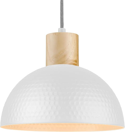 ELYONA 12" Hammered Pendant Light, Metal Dome Hanging Lamp Modern Solid Wood Pendant Light Fixtures for Kitchen Island, Farmhouse, Dining Room, Sink, Bedroom, Hallway, Japandi White