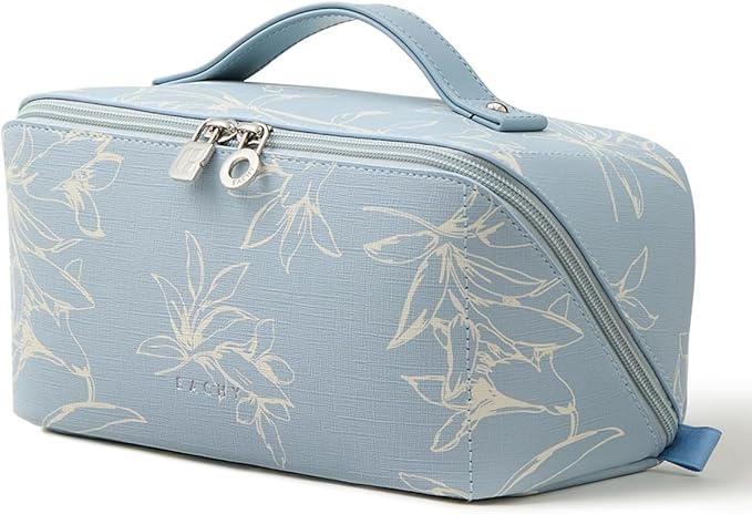 EACHY Travel Makeup Bag, Large Capacity Cosmetic Bags for Women, Waterproof Portable Pouch Open Flat Toiletry Bag Pattern Makeup Bag (F-Blue)