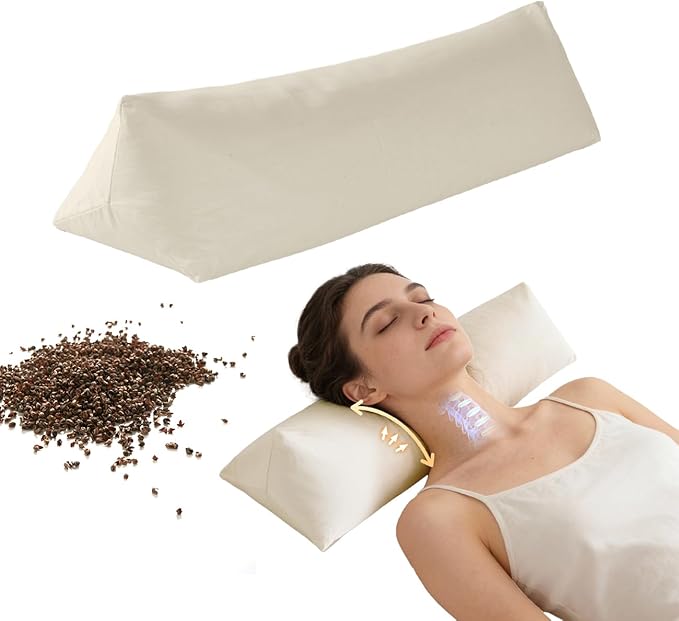 LOFE Buckwheat Pillow - Adjustable Buckwheat Neck Pillow(17x6) to Provide Firm Support, Neck Roll Pillow for Side and Back Sleepers, Bolster Pillow with Organic Pillowcase, Triangle Pillows