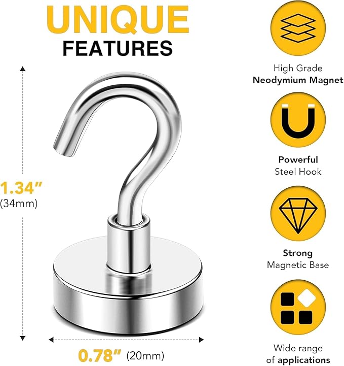 DIYMAG Magnetic Hooks,Silver 50 LB Heavy Duty Magnet with Hook,12 Packs Silver Strong Rare Earth Neodymium Magnets for Hanging, Magnetics Hanger for Curtain, Home, Kitchen, Workplace