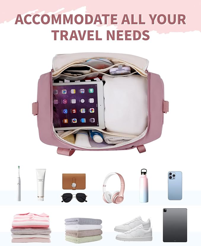 WANDF Travel Duffel Bag with Wet Pocket & Shoe Compartment, 18x14x8 Personal Item Bag with USB Charging Port, Water-Resistant Gym Weekender Overnight Carry-on for Women Men (Pink)