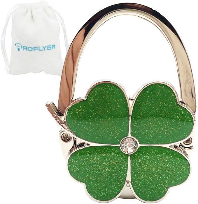 ROFLYER Four Leaf Clover Design Foldable Handbag Hanger Folding Purse Table Hook Holder, with Velvet Pouch(Green)