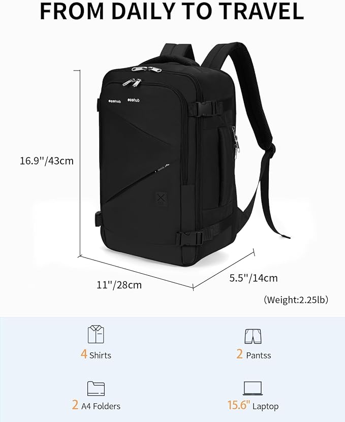 ECOHUB 17" Small Unisex Travel Backpack United Airline Approved 17x10x9 Friendly Suitcase Anti-Theft Lockable Zippers Style Personal Item Bag Travel Essentials with 12 Pockets Water Resistant, Black