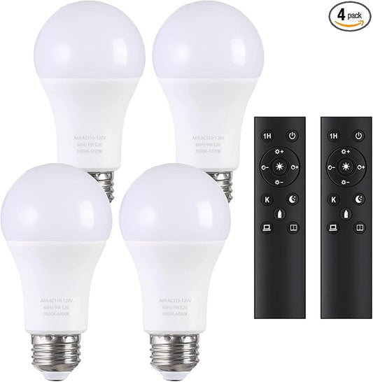 A19 LED Light Bulbs with Remote Control, 800LM 9W (60W Equivalent) Bulbs,Stepless Dimmable 3000K-6000K,E26 Base,CRI 80+,2.4GHz,25000+ Hours Lifespan,Light Bulb for Home Decor,4Bulb & 2Remote