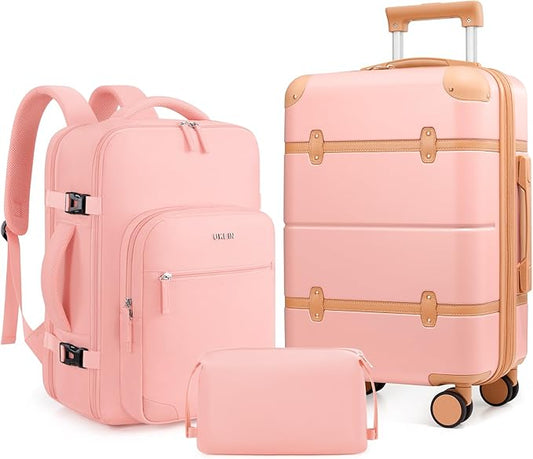 Luggage Sets 3 Piece, Expandable 100% PC Hardshell Suitcase with Spinner Wheels, 20in Suitcase Set with TSA Lock for Women, Carry On Luggage with Travel Backpack (Pink, 20 Inch Set)