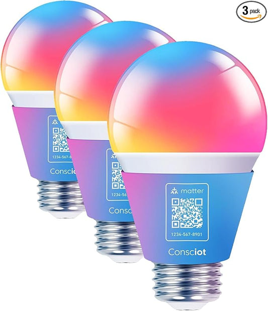 Consciot Smart Light Bulbs, WiFi Color Changing LED Light Bulb, A19 E26 RGBTW Light Bulbs that Works with Alexa/Google Home/Apple Home/Siri, Music Sync, 60W Equivalent Bluetooth Light Bulb, 3 Pack