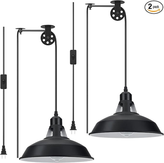 Lomoky Plug in Pendant Light, Hanging Lamp with Black Barn Pendant Lighting with 14.76ft Cord On/Off Switch, Adjustable Pulley Hanging Pendant Lighting for Kitchen Bedroom Restaurant 2 Pack