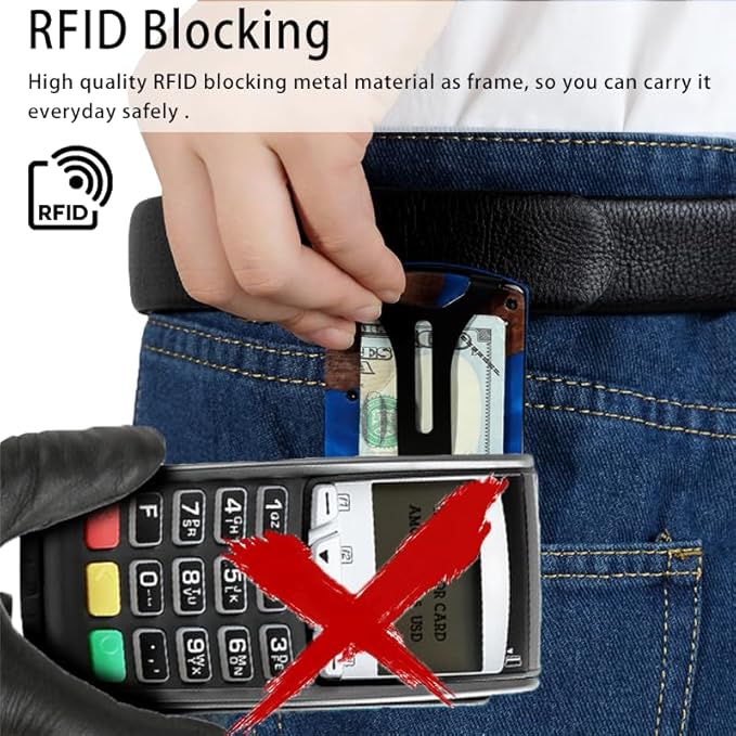 Wallet for Men, Minimalist Slim RFID Blocking Resin Wood Credit Card Holder with Money Clip, Easily Removable Cash&Card Metal Wallet,Resin River,Natuarl Walnut Wood,Unique Pattern,Gift for Men