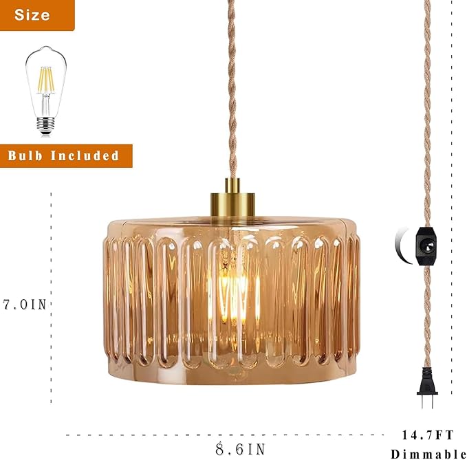 QIYIZM Plug in Pendant Light Hanging Lights with in Cord Mid Century Modern Gold Hanging Lamp Flower Glass Amber Vintage Dimmable Chandelier Ceiling Fixture for Living Room,Kitchen,Boho