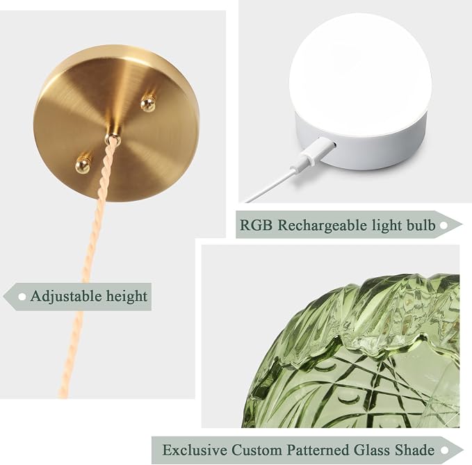 Battery Operated Pendant Light,Vintage Light Fixtures RGB Light Bulb 2500mAh 9.4in Green Modern Chandelier with Remote Control Wireless Adjustable Rechargeable Chandelier for Kitchen Island 2Pack