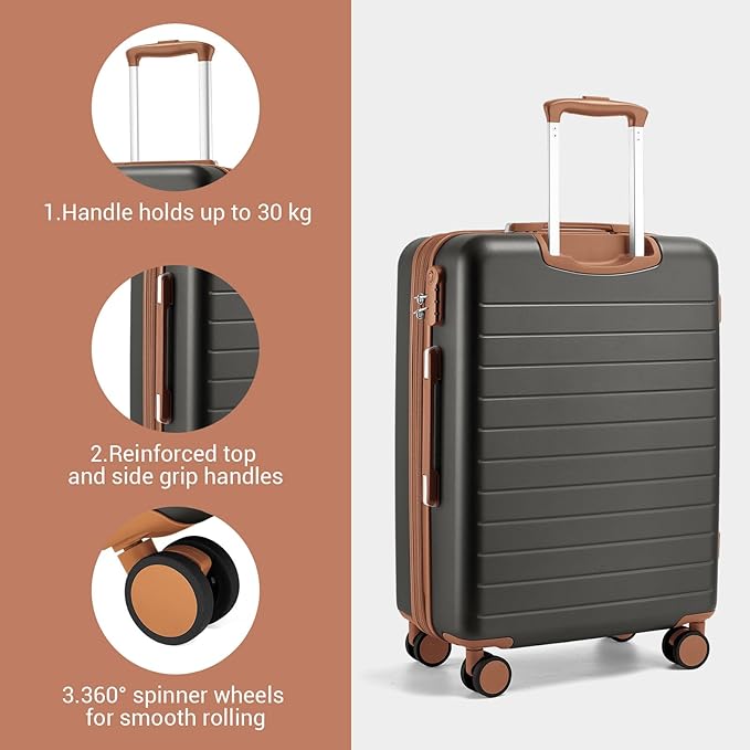 Kono Expandable 20 Inch Carry On Suitcase Airline Approved, Lightweight ABS+PC Hardshell Luggage with 360° Silent Spinner Wheels, Grey/Brown