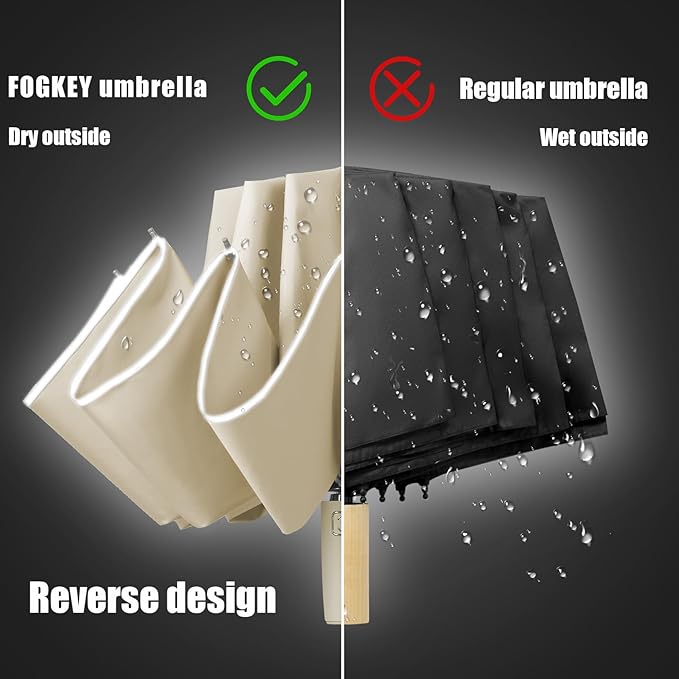 Fogkey Large Windproof Travel Umbrella, Portable Reverse Folding Car Umbrella, Compact Inverted Design with Waterproof Canopy, Automatic, 10 Durable Ribs, 45.6/13 Inch, Fits Backpack