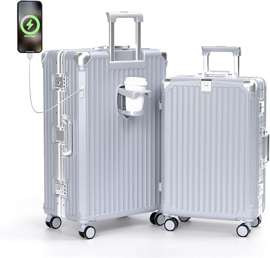 Krute No Zipper Luggage Set 2 Pieces Aluminum Frame PC Hard Shell Zipperless Suitcase Set With Wheels TSA Lock Carry On Luggage and Checked Suitcases