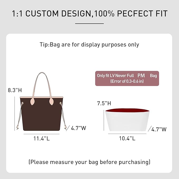 Purse Organizer Insert Compatible with Lv Neverfull PM and More, Premium DupontPaper Lighgtweight Bag Liner Diveider Shaper for Tote Handbags, White-red/M