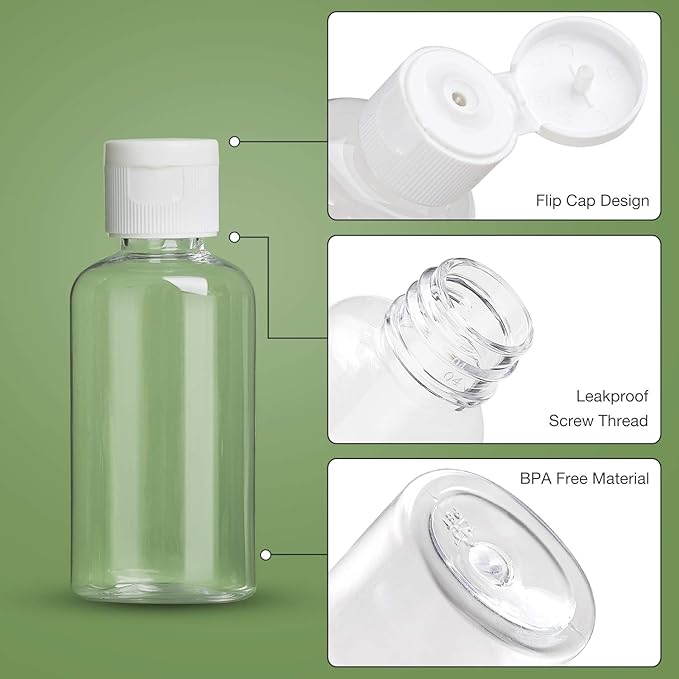 25 Pack 1.7oz/50ml Plastic Empty Bottles Clear Travel Containers Travel Size Bottles with Flip Cap Squeezable Refillable Toiletry (clear)