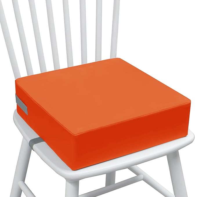 Toddler Booster Seat Dining Table Kitchen Chair, Waterproof Anti-Scratch PU Cushion, Non-Slip Bottom, Adjustable Buckle Straps, Easy Clean Portable Seat Cushion (Tangerine)