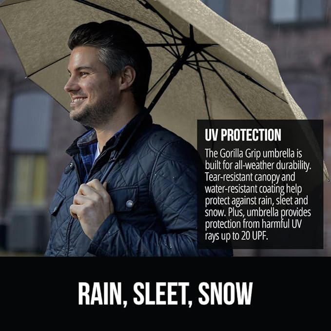 GORILLA GRIP Strong Windproof Stick Compact Umbrella for Rain, One-Click Automatic Open and Close, Durable Quick Dry Waterproof Material, Lightweight and Portable, Travel Size Fits Backpack, Beige