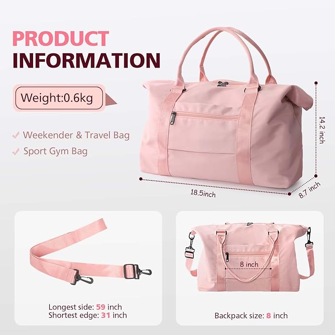 TOPBAG Travel Duffle Bag, Waterproof Weekender Carry On Tote Bags for Women, Sport Gym Bag for Men, Hospital Bag for Labor and Delivery, Overnight Luggage Bag with Trolley Sleeve Coral Pink