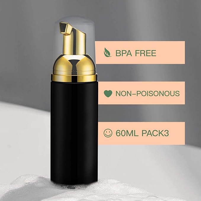 2oz Foam Pump Bottle (30PCS) Empty Travel Foaming Dispenser for Hand Soap, Lash Cleanser, Shampoo (60ml, Gold &Black