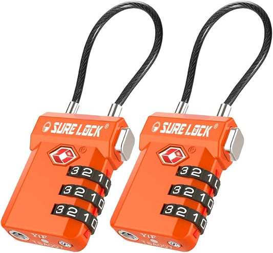 SURE LOCK TSA Approved Luggage Locks – 3-Digit Combination Cable Lock with Red Indicator, Large Dial & Easy-Press Button for Suitcases and Backpacks – Multi-Pack & Color Options