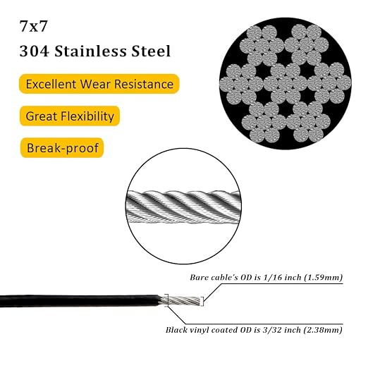 Vinyl Coated Wire Rope 304 Stainless Steel Coated Wire Cable-Black, 1/16" OD to 3/32" x700FT, with 250 Pcs Crimping Sleeves-Cable for String Lights, Suitable for Clotheslines