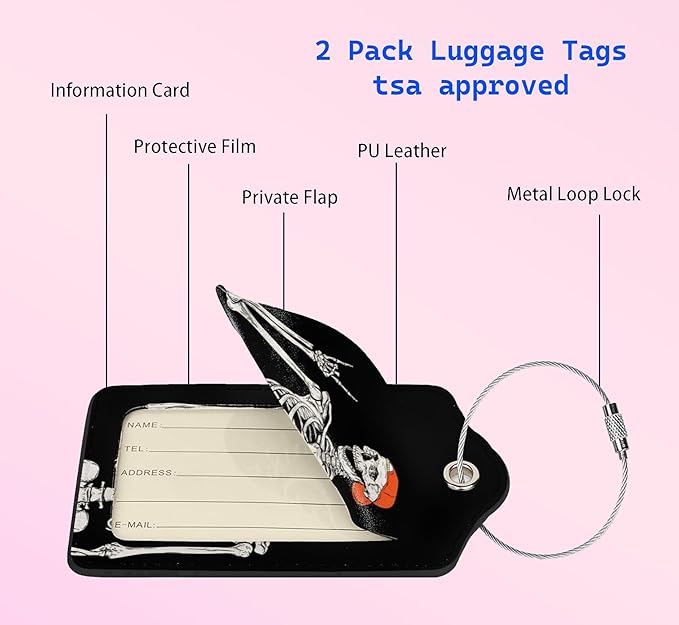 2Pack Funny Skull Luggage Tags Privacy Cover ID Label with Stainless Steel Loop and Address Card for Travel Bag Suitcase Funny Cute Man Women Kids Horror Terror Skeleton