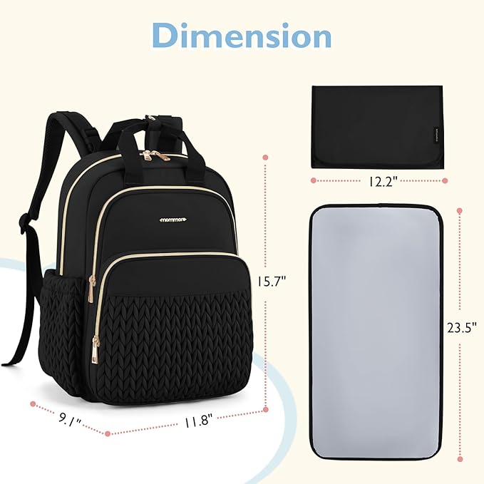 mommore Diaper Bag Backpack, Stylish Travel Baby Bag with Insulated Pockets, Changing Pad and Stroller Straps for Toddler (L-Black, Large-27L)