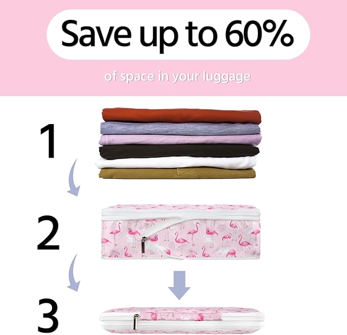6 Pcs Compression Packing Cubes Waterproof Suitcase Travel Bag Luggage Backpack Organizer Travel Cubes for Packing-Flamingo