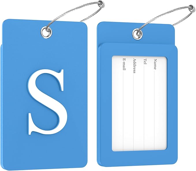 Gostwo 2 Pack Luggage Tags for Suitcases, 26 Initial Letter Travel Luggage Baggage Identification Labels ID Tag Fully Bendable Tags with Stainless Steel Loop (Blue) (Letter S)
