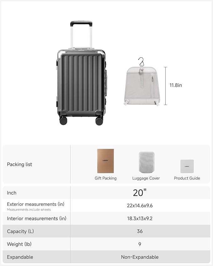 Carry On Luggage with Spinner Wheels, 8010S Aluminum Frame Zipperless Polycarbonate Hard Shell Suitcase (ZX-Core, Charcoal Metallic, 20 Inch)