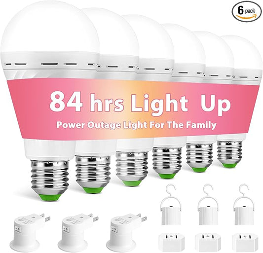 Emergency Rechargeable Light Bulbs, Battery Powered LED Bulb | E26 12W 60W Equivalent with 1500mAh for Home Power Outage Camping Hiking(6 Bulbs,3 Plug Caps, 3 Hooks,3 socket adapter)