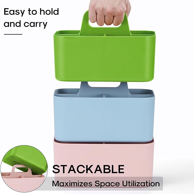 Multiuse Caddy Organizer with Handle, Portable Divided Plastic Tote Bin - Art Craft, Stationary Pen Marker Crayons, Makeup Hair Supplies Storage - Bathroom, Classroom, Dorm, Office, Desk Holder -Green