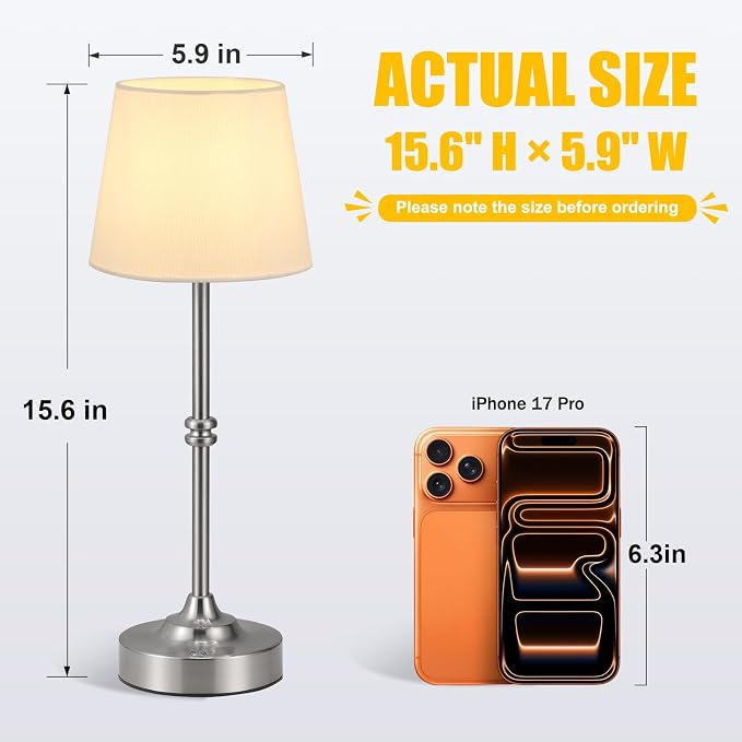 Kakanuo Rechargeable Cordless Table Lamp Silver - 1 Pack 4000mAh Battery Operated Lamp, 3000K Warm Light, Touch Control Stepless Dimming, for Bedside, Dining Table, Home Decor