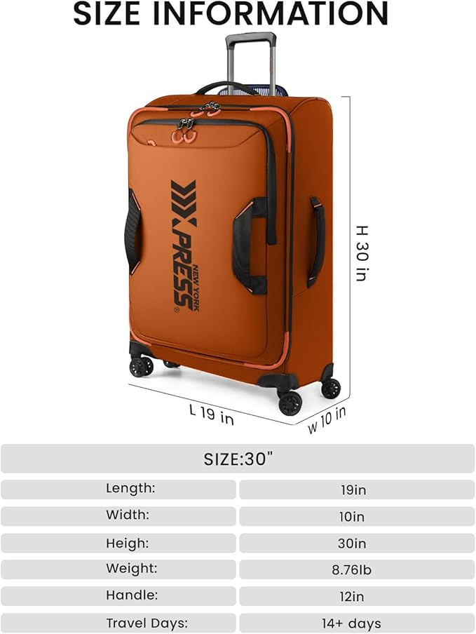 30'' Large Softside Suitcase,Luggage w/Spinner Wheels,Waterproof,Lightweight Travel Suitcase for Men/Women（Orange,30in）