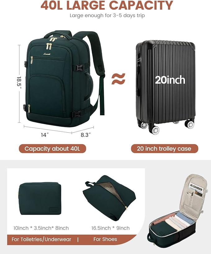 LOVEVOOK Carry On Travel Backpack For Women Men Flight Approved, 40L Personal Item Backpack for Airplanes, Business Weekender Overnight Daypack Fits 17 Inch Laptop, With 2 Packing Cubes, Dark Green