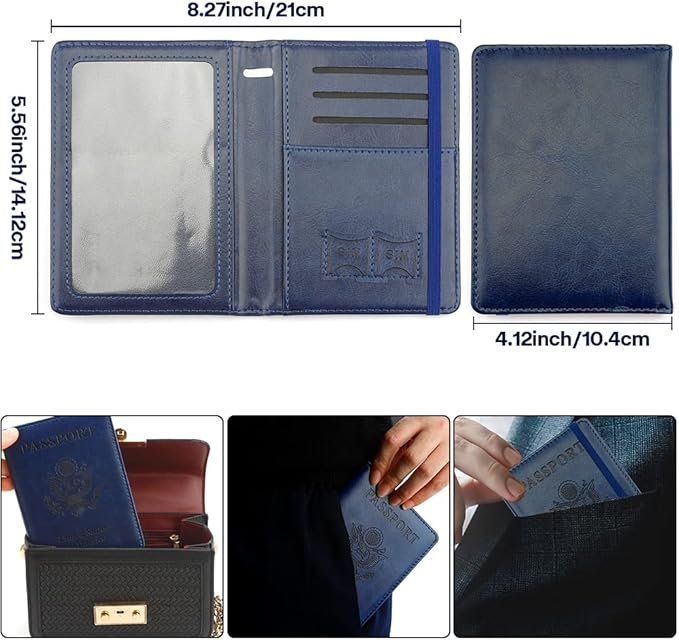 Passport Holder for Travel,Leather Passport Holder RFID Blocking Passport Cover Wallet Passport Case with Pen Holder Passport Holders for Travel Women Men Family Travels Must Haves Essential,Navy Blue